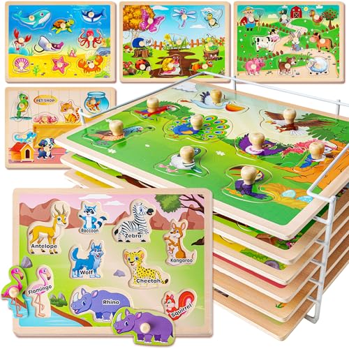 SYNARRY Wooden Puzzles for Toddlers 13 6XSET Animals Puzzles for Toddlers 24 with Rack Toddler Puzzles Ages 24 Kids Learning Educational Montessori Toys Easter Basket Stuffers for Boys Girls - Image 1