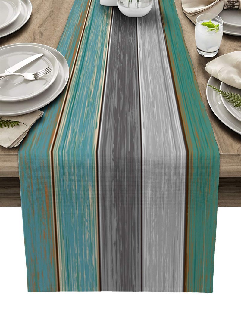 Vandarllin Farmhouse Cotton Linen Table Runner Dresser Scarf Retro Rustic Barn Wood Texture Ombre Sea Teal Green Gray NonSlip Rectangle Settings Decoration for Kitchen Home Dining Holiday70 inches Long