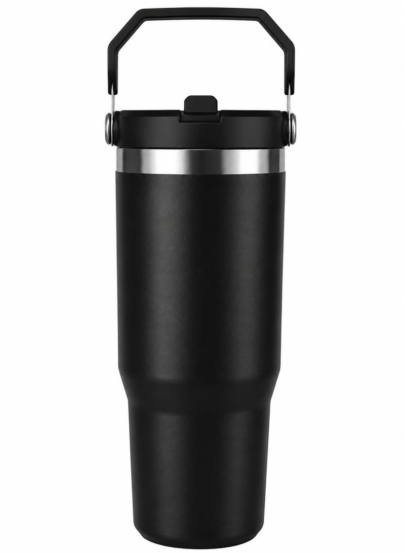 Premium Stainless Steel Insulated Tumbler With Handle & Straw – Leakproof Vacuum Flask Water Bottle for Hot & Cold Drinks – Black - Image 1