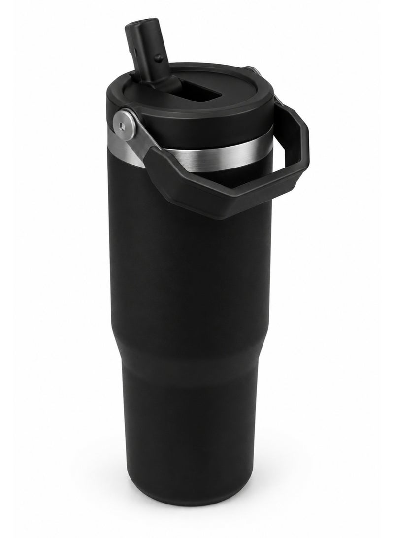 Premium Stainless Steel Insulated Tumbler With Handle & Straw – Leakproof Vacuum Flask Water Bottle for Hot & Cold Drinks – Black - Image 3