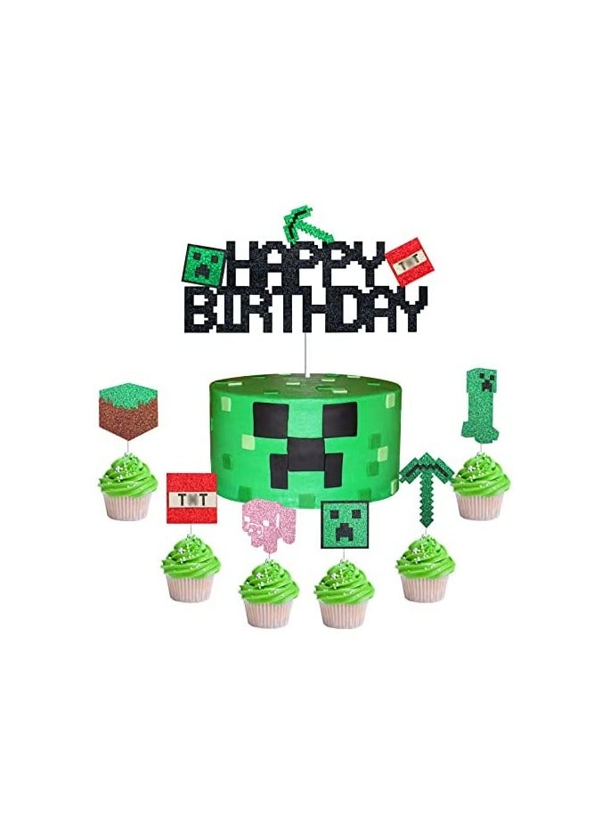 set of 7 minecraft game cake topper and cupcake toppers with 1 cake topper and 6 pcs cupcake toppers cake supplies and cake decorations for birthday parties