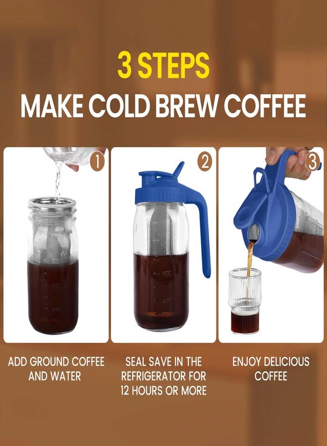 QHH Cold Brew Coffee Maker,32 oz Mason Jar Pitcher with Stainless Steel Filter, Pour Spout Handle Lid, Heavy Duty Glass Airtight & Leak-Proof Pitcher for iced coffee Tea Lemonade-Blue - Image 4