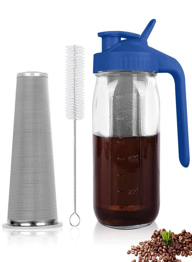 QHH Cold Brew Coffee Maker,32 oz Mason Jar Pitcher with Stainless Steel Filter, Pour Spout Handle Lid, Heavy Duty Glass Airtight & Leak-Proof Pitcher for iced coffee Tea Lemonade-Blue - Image 1