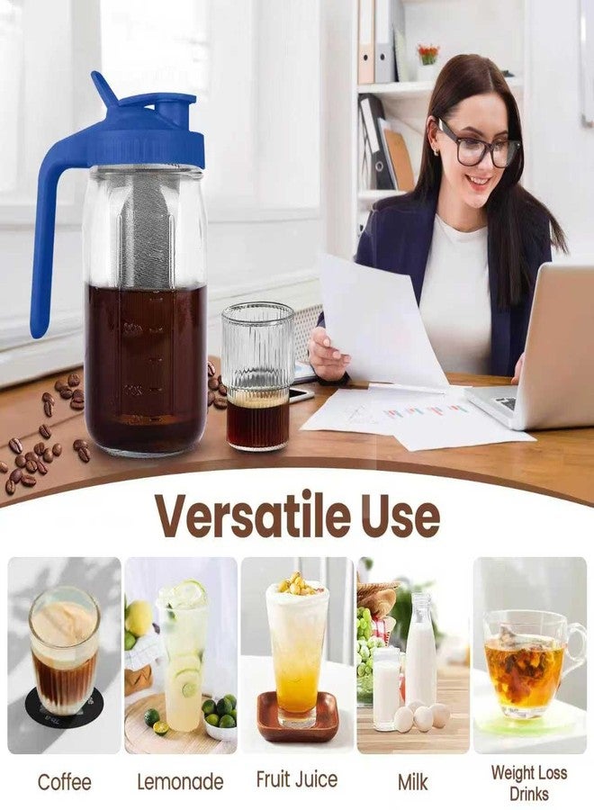 QHH Cold Brew Coffee Maker,32 oz Mason Jar Pitcher with Stainless Steel Filter, Pour Spout Handle Lid, Heavy Duty Glass Airtight & Leak-Proof Pitcher for iced coffee Tea Lemonade-Blue - Image 5