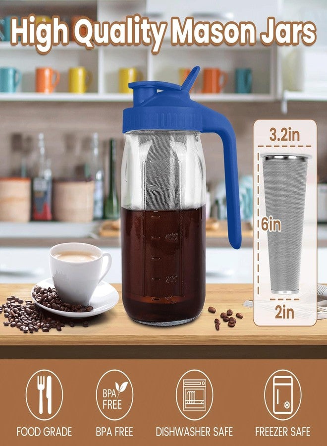 QHH Cold Brew Coffee Maker,32 oz Mason Jar Pitcher with Stainless Steel Filter, Pour Spout Handle Lid, Heavy Duty Glass Airtight & Leak-Proof Pitcher for iced coffee Tea Lemonade-Blue - Image 2