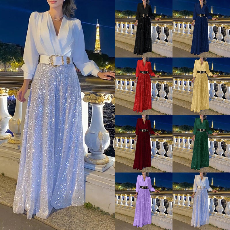 Cross-border European and American new fashion V-neck long-sleeved shirt elegant waist slimming sequined wide-leg pants-with belt - Image 4