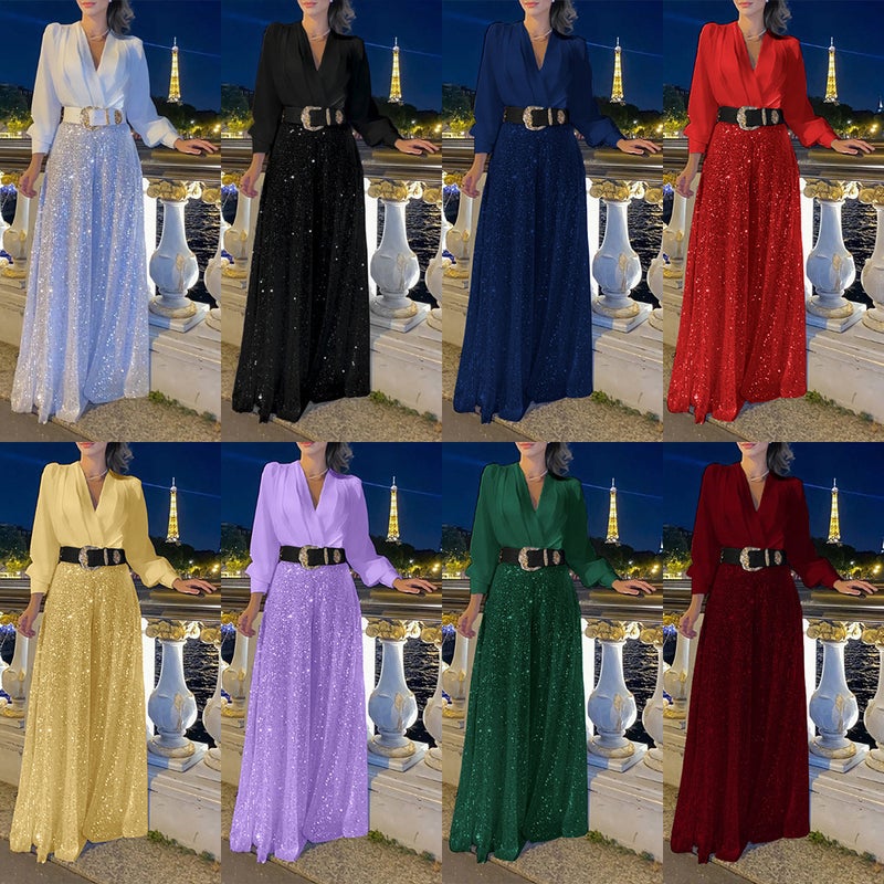 Cross-border European and American new fashion V-neck long-sleeved shirt elegant waist slimming sequined wide-leg pants-with belt - Image 3
