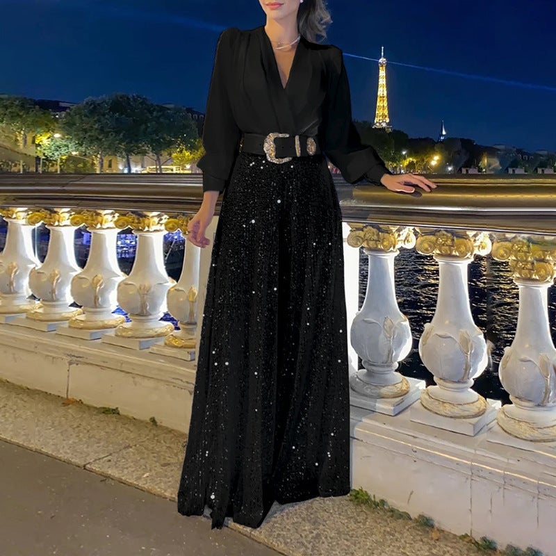 Cross-border European and American new fashion V-neck long-sleeved shirt elegant waist slimming sequined wide-leg pants-with belt - Image 1