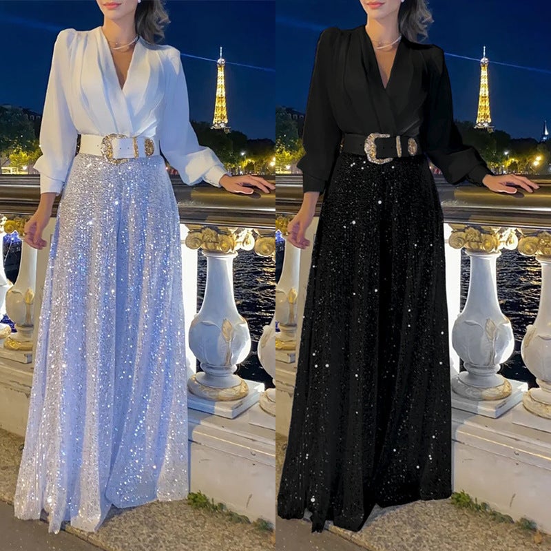 Cross-border European and American new fashion V-neck long-sleeved shirt elegant waist slimming sequined wide-leg pants-with belt - Image 5