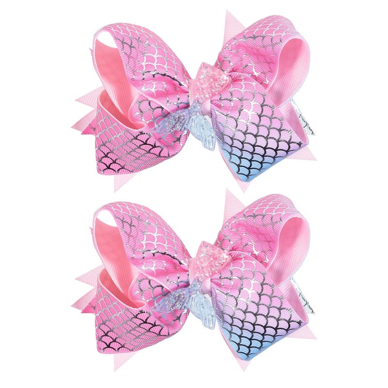 2pcs Glitter Mermaid Hair Bow Clips Girls 47 Mermaid Scales Ribbon Alligator Hairpins Barrettes Birthday Gift for Kids Toddlers Teens Summer Beach Dress outfits Decor Accessories