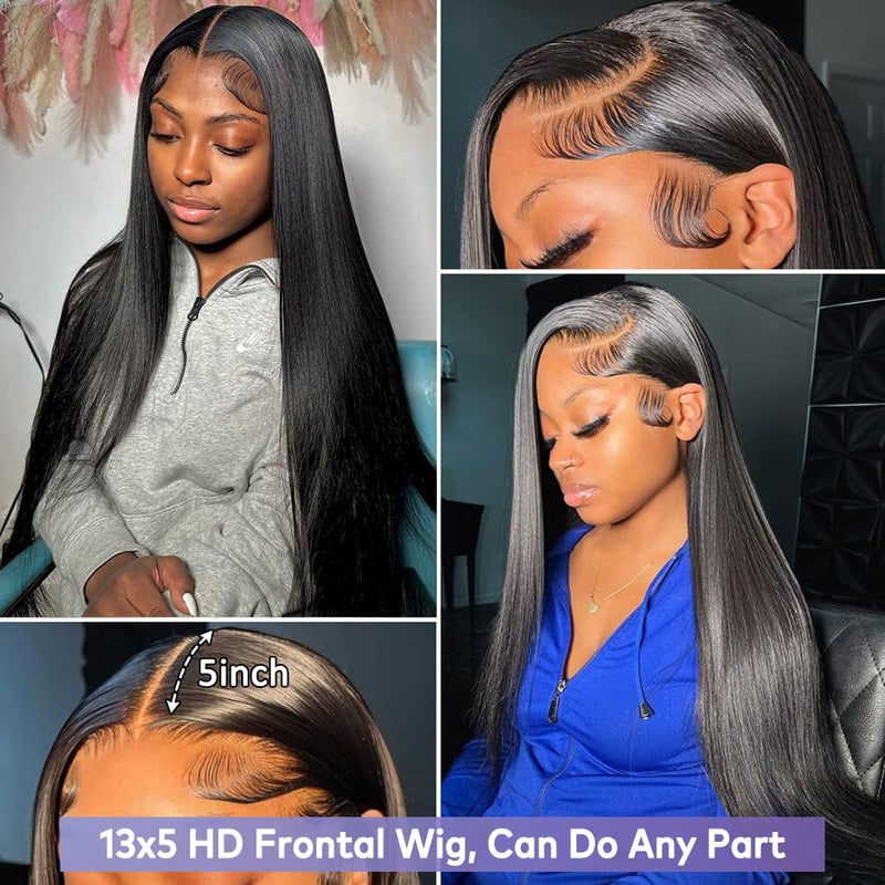 Flady 26 inch Straight HD Lace Front Wigs Human Hair Pre Plucked Bleached Knots 180% Density 13x4 Transparent Lace Frontal wigs Human Hair For Black Women Bone Straight Black Human Hair Wig - Image 5