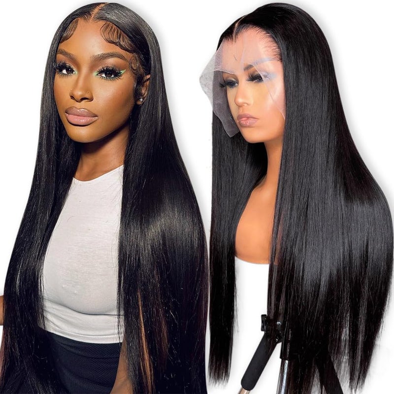 Flady 26 inch Straight HD Lace Front Wigs Human Hair Pre Plucked Bleached Knots 180% Density 13x4 Transparent Lace Frontal wigs Human Hair For Black Women Bone Straight Black Human Hair Wig - Image 1