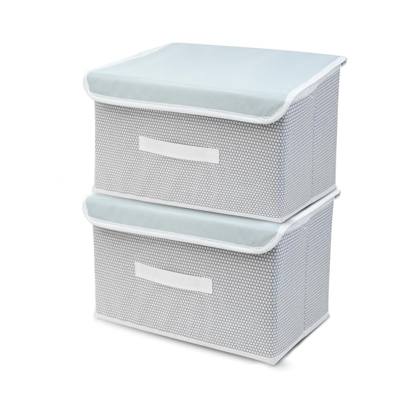 QUAIL NonWoven Large Size Storage Box Wardrobe Closet Organizer Foldable Stackable BasketBins With Lid And Handle Grey Pack of 2 - Image 1