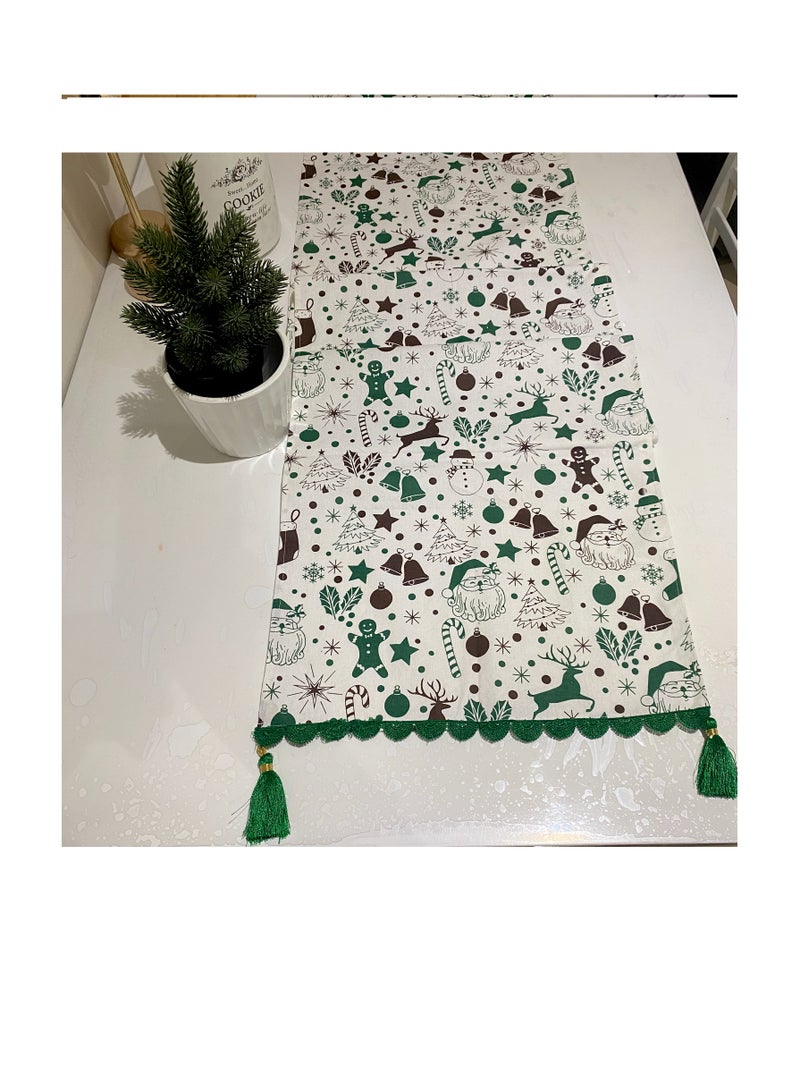 Zebees Christmas Themed Decorative Table Runner with Lace & Tassels, 210 cm x 35 cm, Green, White, Brown, Cotton, Create a Christmas ambience in your Home - Image 4