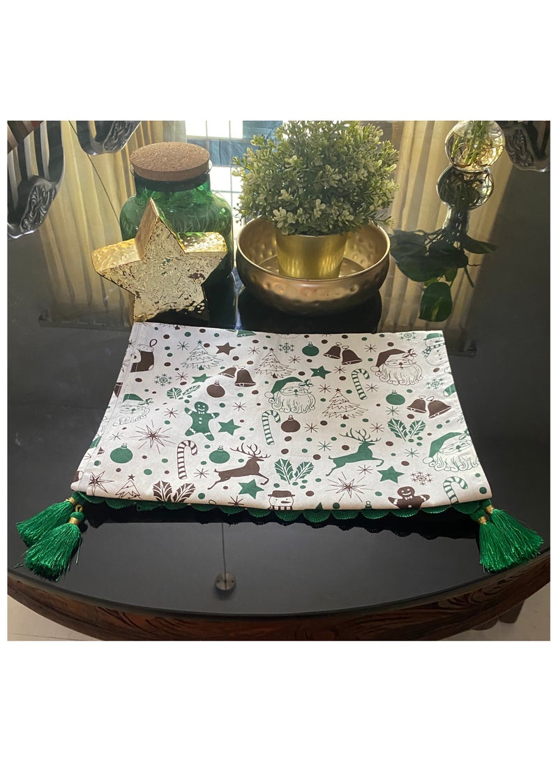 Zebees Christmas Themed Decorative Table Runner with Lace & Tassels, 210 cm x 35 cm, Green, White, Brown, Cotton, Create a Christmas ambience in your Home - Image 5