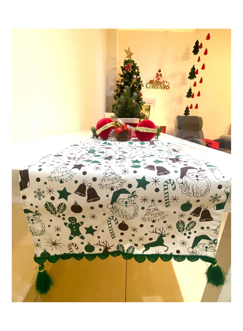 Zebees Christmas Themed Decorative Table Runner with Lace & Tassels, 210 cm x 35 cm, Green, White, Brown, Cotton, Create a Christmas ambience in your Home - Image 1
