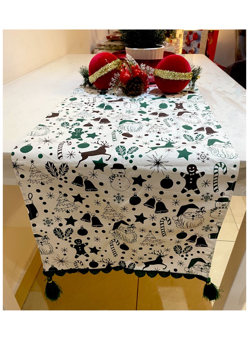 Zebees Christmas Themed Decorative Table Runner with Lace & Tassels, 210 cm x 35 cm, Green, White, Brown, Cotton, Create a Christmas ambience in your Home - Image 2