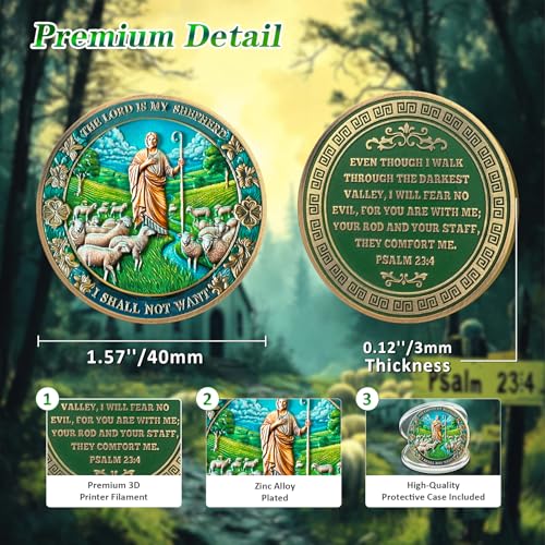 IELCJJ The Lord is My Shepherd Christian Challenge Coin - Psalm 23:4 Religious Jesus Token - Inspirational God Pocket Bible Verses Chip for Study - Good Luck Commemorative Gifts for Men Women Kids Coworker - Image 3