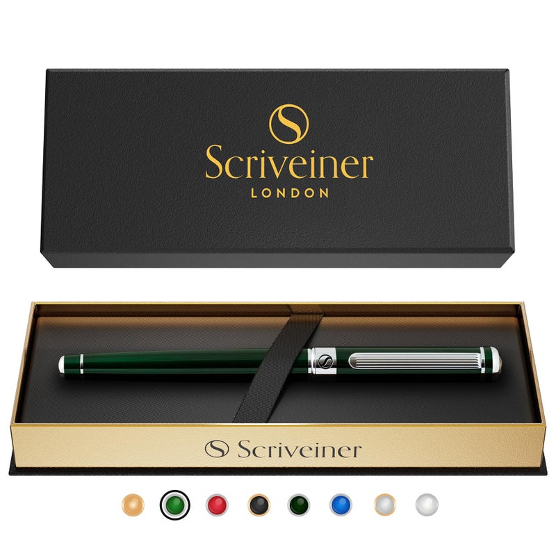 Scriveiner British Racing Green Rollerball - Stunning Luxury Rollerball Pen, Chrome Finish, Schmidt Ink Refill, Best Roller Ball Pen Gift Set for Men & Women, Professional, Executive Office, Nice Pens - Image 1