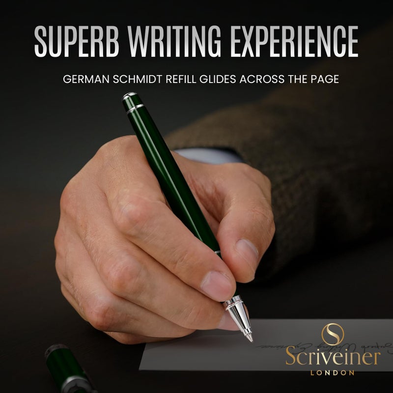 Scriveiner British Racing Green Rollerball - Stunning Luxury Rollerball Pen, Chrome Finish, Schmidt Ink Refill, Best Roller Ball Pen Gift Set for Men & Women, Professional, Executive Office, Nice Pens - Image 4