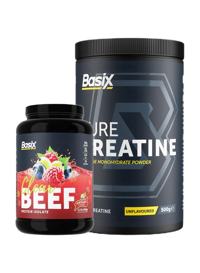 Basix عرض بوندي الحصري - بروتين لحم البقر المعزول بنكهة فيمتونك 2.2 رطل وكرياتين نقي بدون نكهة 500 جرام - Image 1