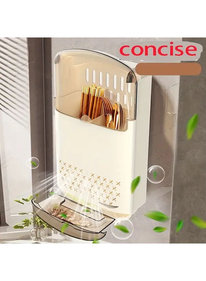 White Thickened Wall Mounted No Drill Utensil Holder Dish Rack With Transparent Flip Lid - Image 1