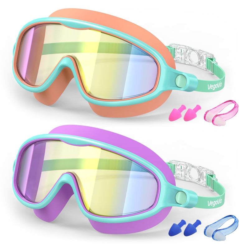 VegoVia 2 Pack Swim Goggles for Kids 6-14, Swimming Pool Goggles for Kids 8-14, Anti-Fog UV Protection for Toddler Youth Teens Boys Girls 6-14, 180Â°Wide View No Leaking for Pool Beach - Image 1