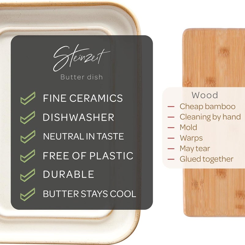 Steinzeit Butter Dish with Lid (4.9 in x 6.9 in) - Ceramic Butter Dish - Large Butter Container for 2 pcs of Western Butter - Butter Dish with Lid for Countertop - Butter Holder Dishwasher Safe - Image 2