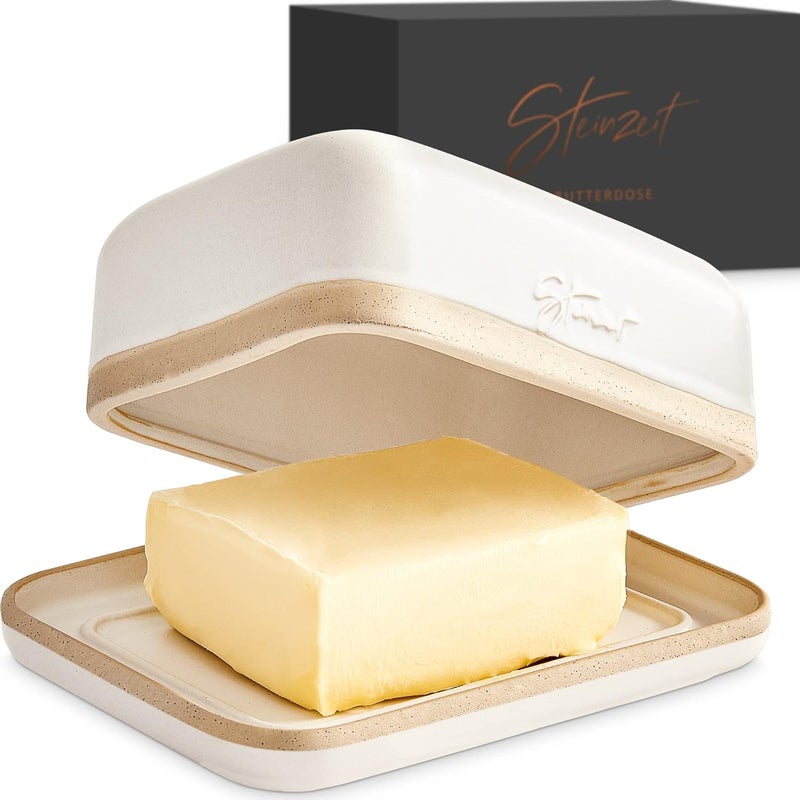 Steinzeit Butter Dish with Lid (4.9 in x 6.9 in) - Ceramic Butter Dish - Large Butter Container for 2 pcs of Western Butter - Butter Dish with Lid for Countertop - Butter Holder Dishwasher Safe - Image 1