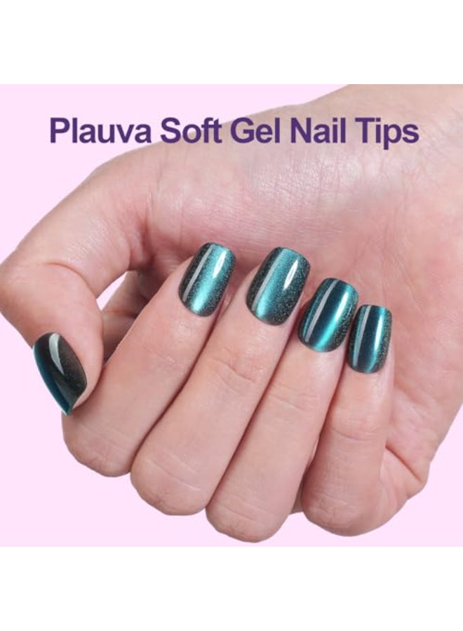 Plauva 300Pcs Cat Eye Press on Nails Short Square Plauva Soft Gel Fake Nails Glossy Glitter Cat Eye Nail Tips for Women and Girls Stick On Nails in 15 Sizes - Image 3