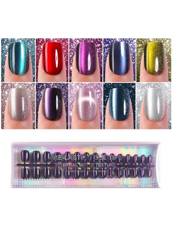 Plauva 300Pcs Cat Eye Press on Nails Short Square Plauva Soft Gel Fake Nails Glossy Glitter Cat Eye Nail Tips for Women and Girls Stick On Nails in 15 Sizes - Image 1