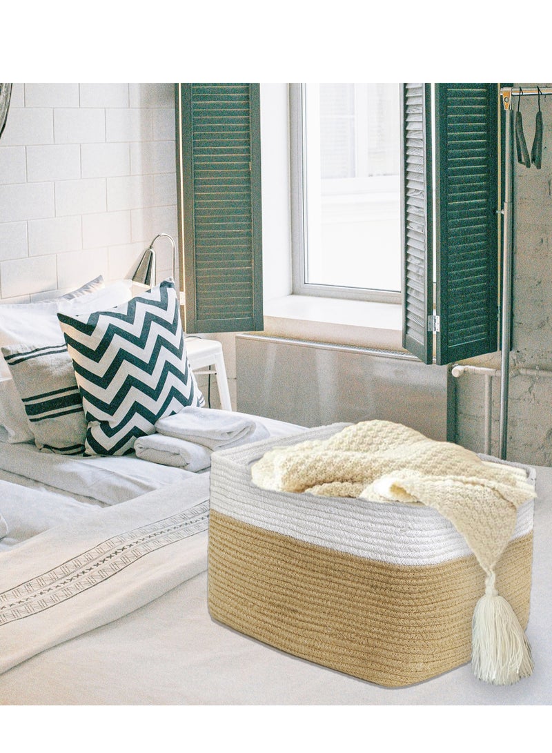 100% Natural Cotton Rope Laundry Basket – Handmade 70L Storage Hamper (White & Brown) | Eco-Friendly, Breathable, Sturdy Clothes Organizer for Home, Bedroom & Bathroom (21.6"L × 16.9"W × 11.8"H) - Image 2