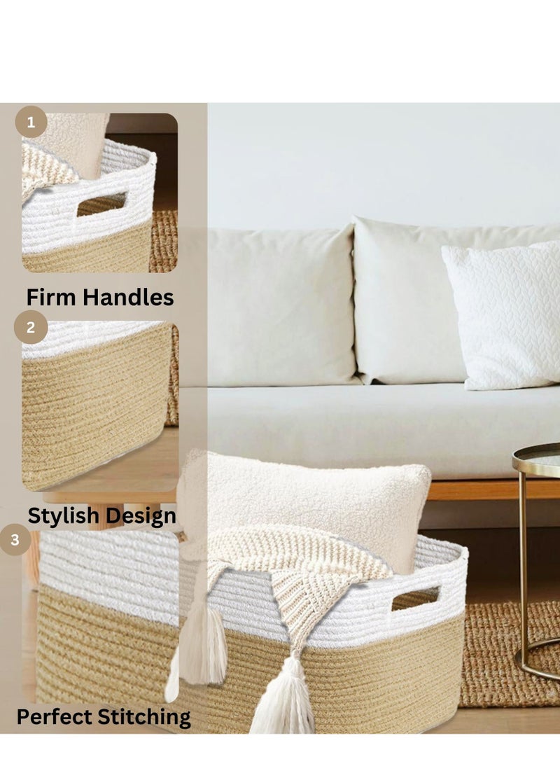 100% Natural Cotton Rope Laundry Basket – Handmade 70L Storage Hamper (White & Brown) | Eco-Friendly, Breathable, Sturdy Clothes Organizer for Home, Bedroom & Bathroom (21.6"L × 16.9"W × 11.8"H) - Image 3