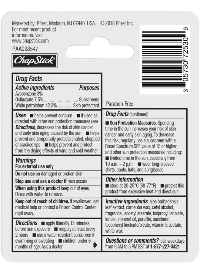 Chapstick Moisturizer Original Lip Balm Tubes, SPF 15 And Skin Protectant 0.15 Oz Pack Of 3, Multi - Image 3