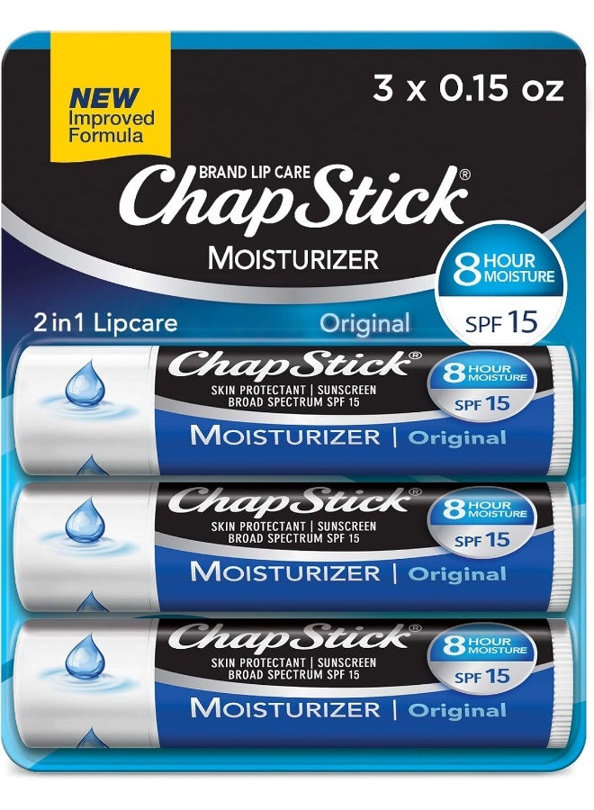 Chapstick Moisturizer Original Lip Balm Tubes, SPF 15 And Skin Protectant 0.15 Oz Pack Of 3, Multi - Image 1