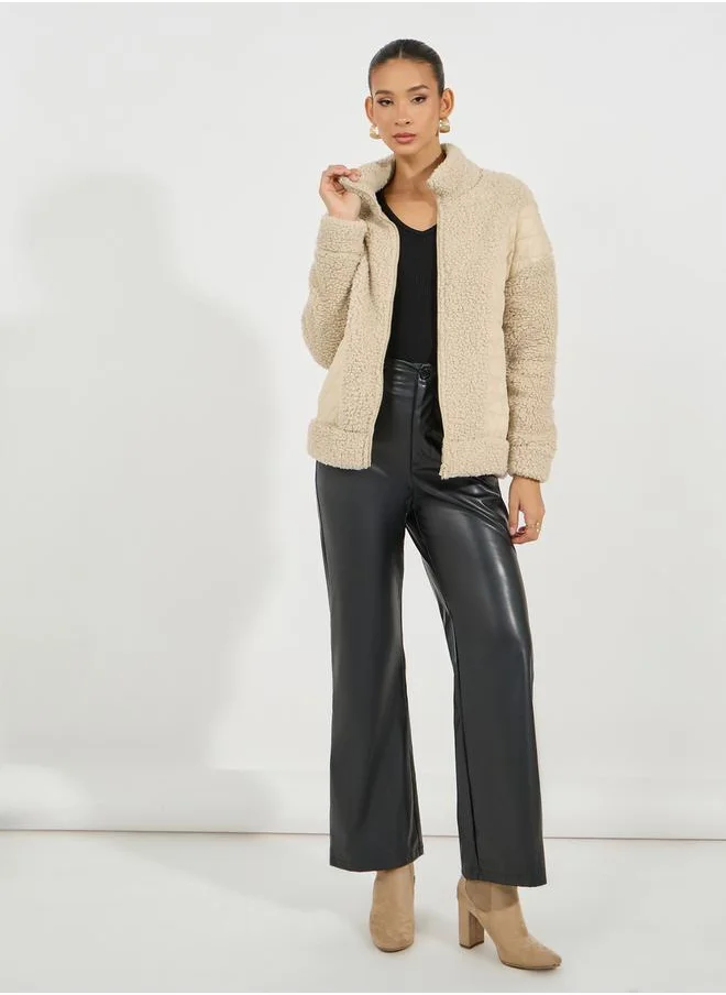 Styli Regular Fit Mixed Fabric Bomber Jacket