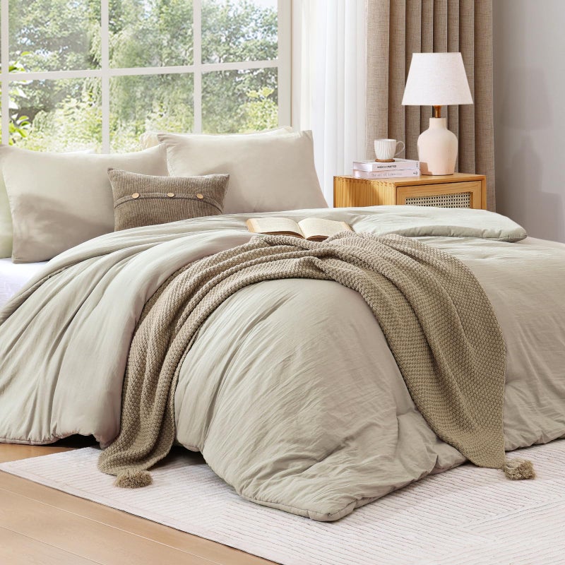 WRENSONGE King Size Comforter Set - 3 Pieces Light Oatmeal Comforter Prewashed Soft Lightweight for All Seasons,Fluffy Down Alternative Comforter King Size with 2 Pillow Shams - Image 2