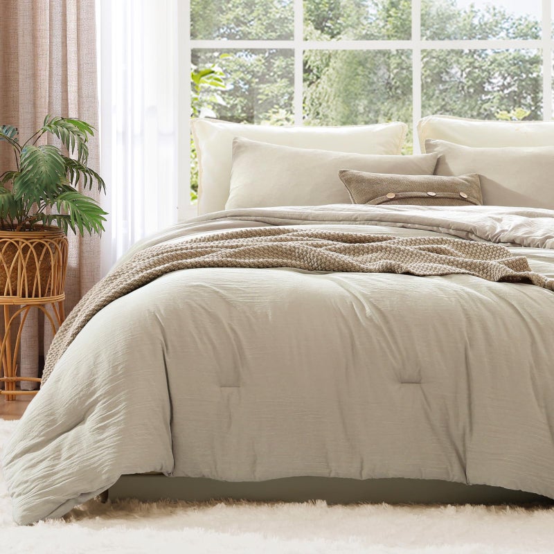 WRENSONGE King Size Comforter Set - 3 Pieces Light Oatmeal Comforter Prewashed Soft Lightweight for All Seasons,Fluffy Down Alternative Comforter King Size with 2 Pillow Shams - Image 1