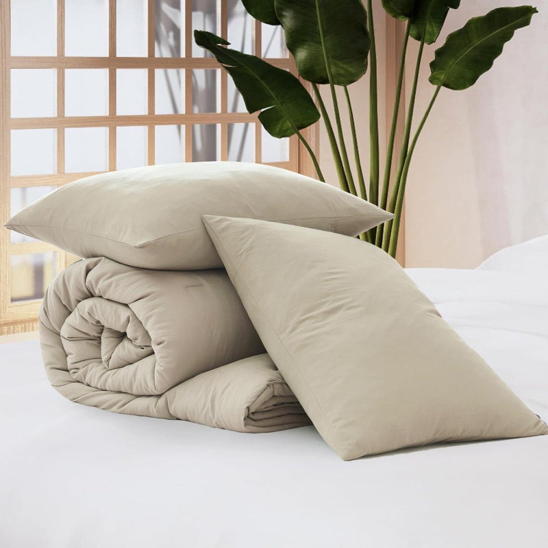WRENSONGE King Size Comforter Set - 3 Pieces Light Oatmeal Comforter Prewashed Soft Lightweight for All Seasons,Fluffy Down Alternative Comforter King Size with 2 Pillow Shams - Image 5