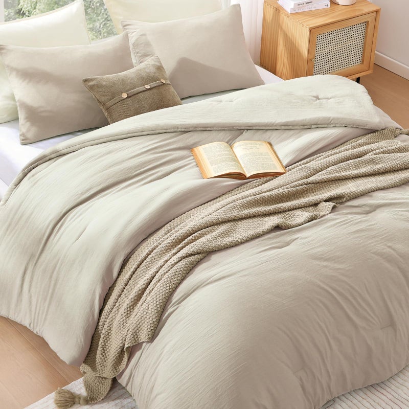 WRENSONGE King Size Comforter Set - 3 Pieces Light Oatmeal Comforter Prewashed Soft Lightweight for All Seasons,Fluffy Down Alternative Comforter King Size with 2 Pillow Shams - Image 3