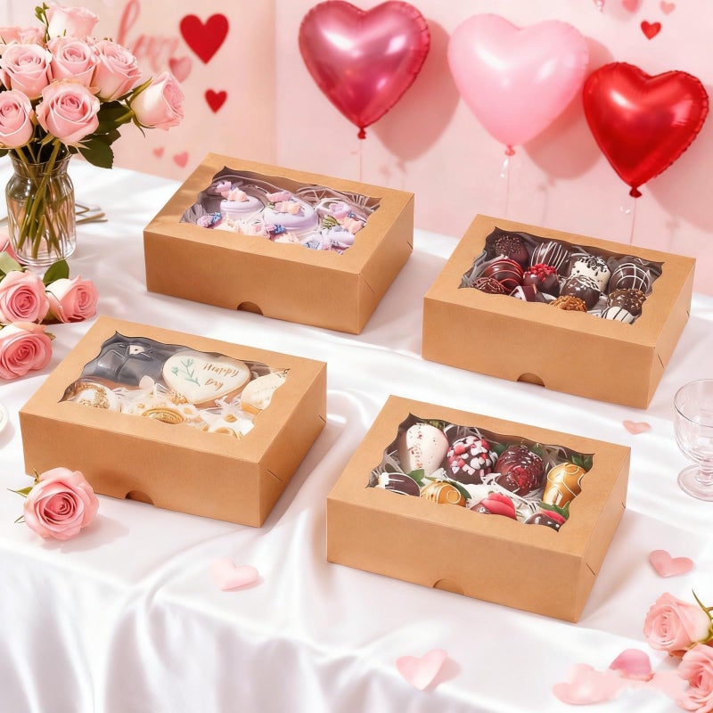 TEMLQPACK 12PCS 8x5x2Inch Brown Cookie Boxes Bakery Boxes with Window for Cakesickle, Chocolate Truffle, Chocolate Covered Strawberry, Pretzel &More - Image 4