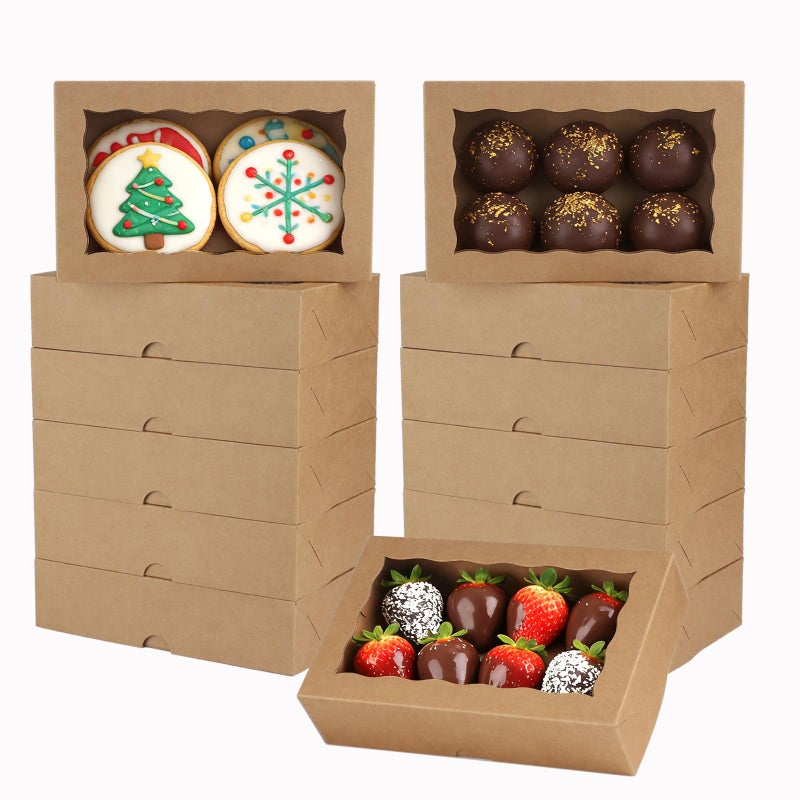 TEMLQPACK 12PCS 8x5x2Inch Brown Cookie Boxes Bakery Boxes with Window for Cakesickle, Chocolate Truffle, Chocolate Covered Strawberry, Pretzel &More - Image 1