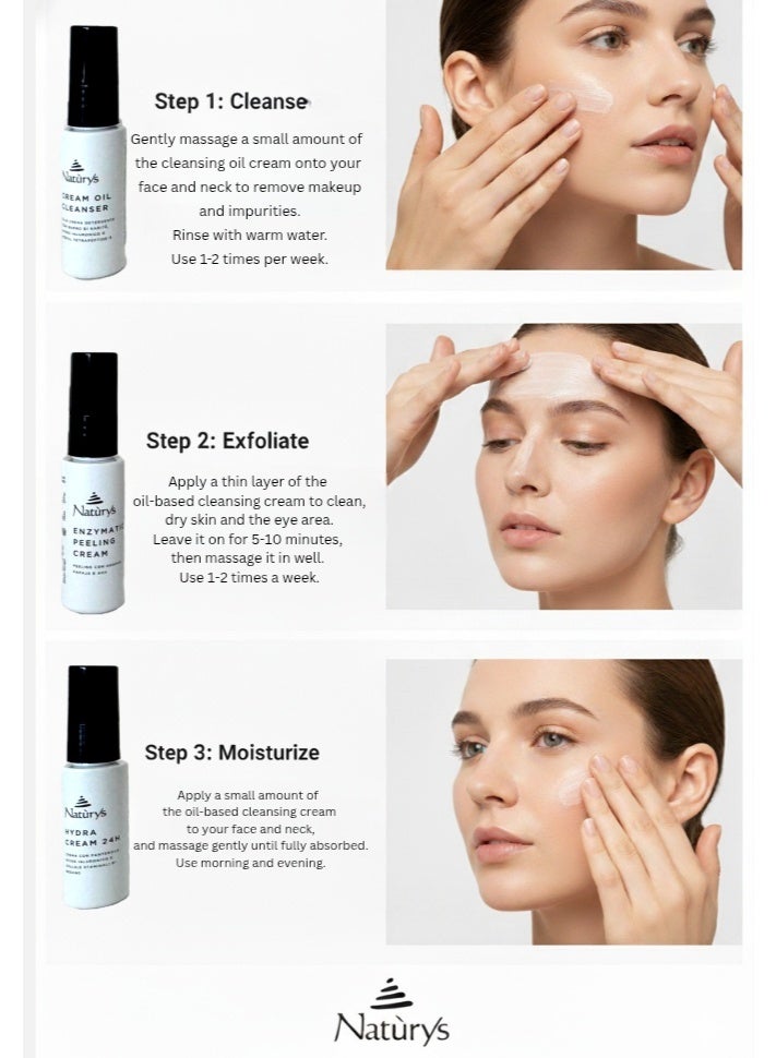 ناتوريس Natùrys Hydra Kit حجم السفر - ترطيب الوجه 90 مل | يتضمن زيت التنظيف والتقشير الأنزيمي وكريم هيدرا 24 ساعة - Image 2