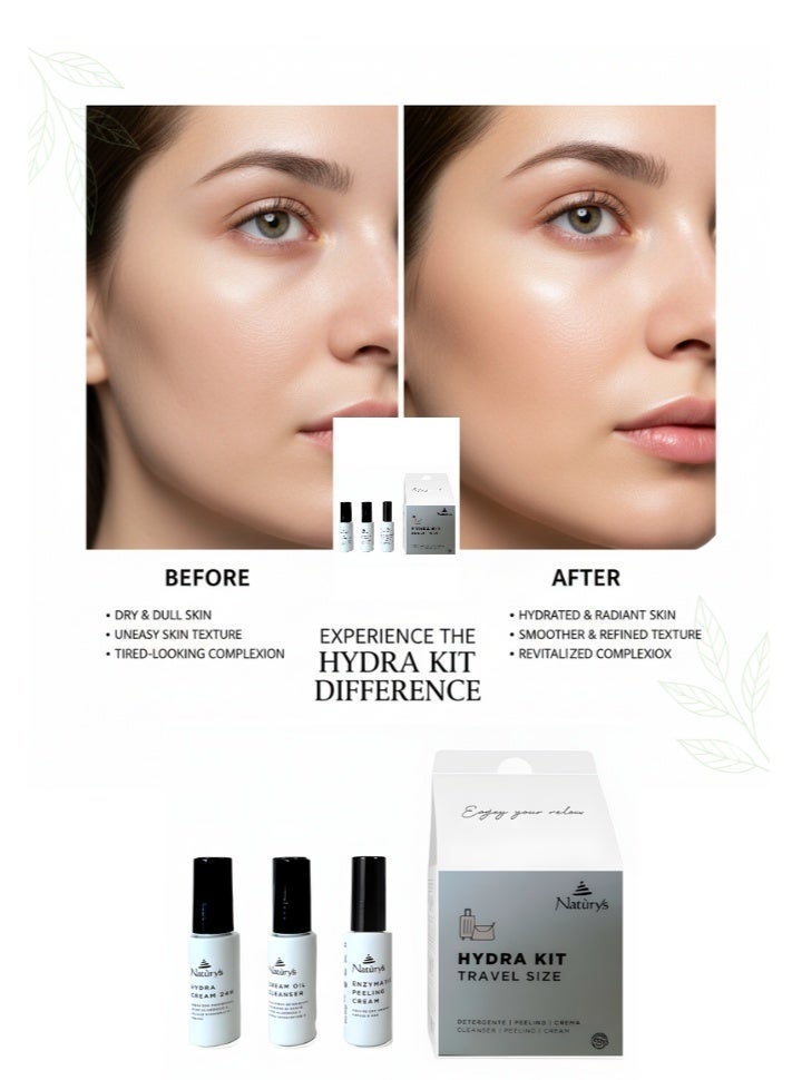 ناتوريس Natùrys Hydra Kit حجم السفر - ترطيب الوجه 90 مل | يتضمن زيت التنظيف والتقشير الأنزيمي وكريم هيدرا 24 ساعة - Image 4