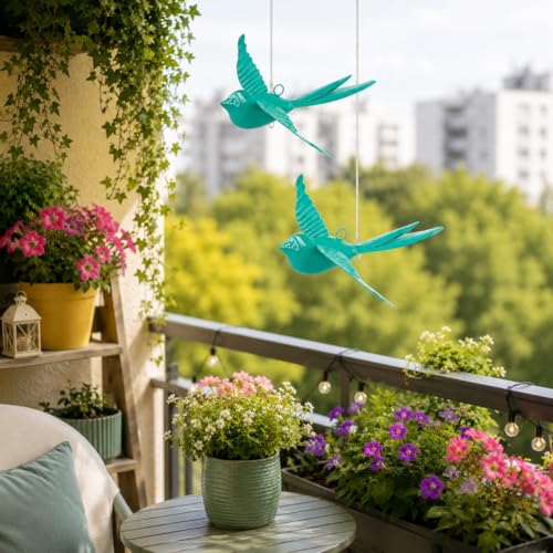 Elan Metal Hanging Decorative Rockstar Bird For Home Balcony And Garden Decor (Set of 2- Aqua, Blue) - Image 1