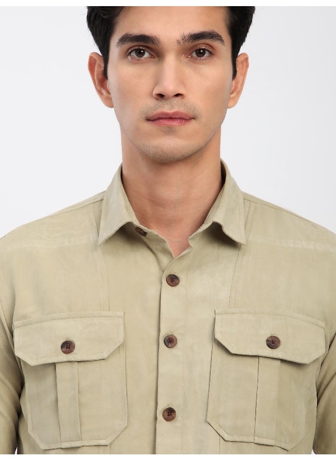 Beyoung Beige Panel Suede Shirt  - Image 1