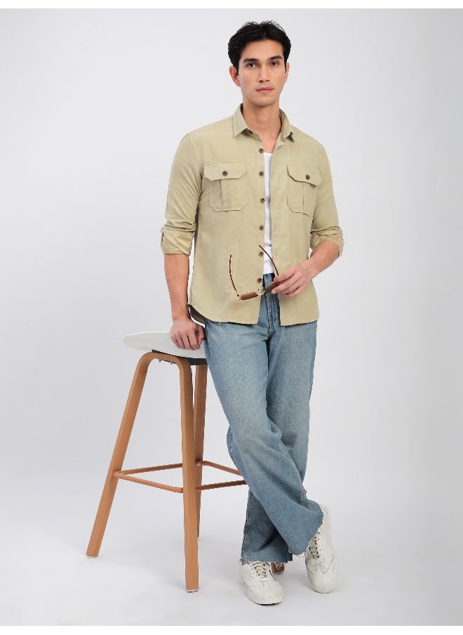 Beyoung Beige Panel Suede Shirt  - Image 3