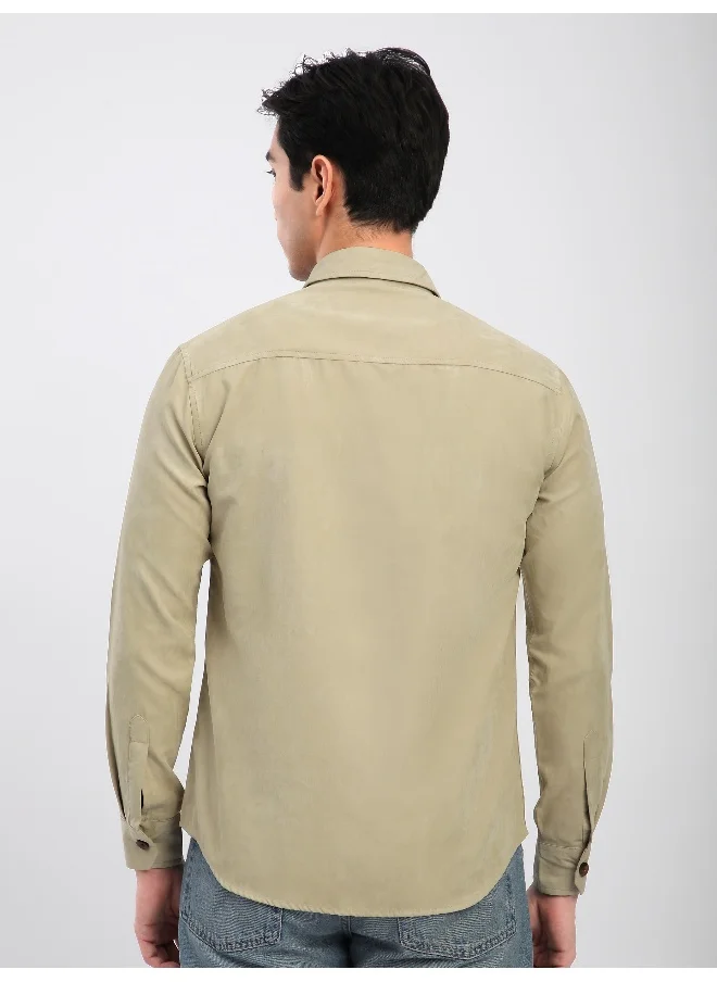 Beyoung Beige Panel Suede Shirt