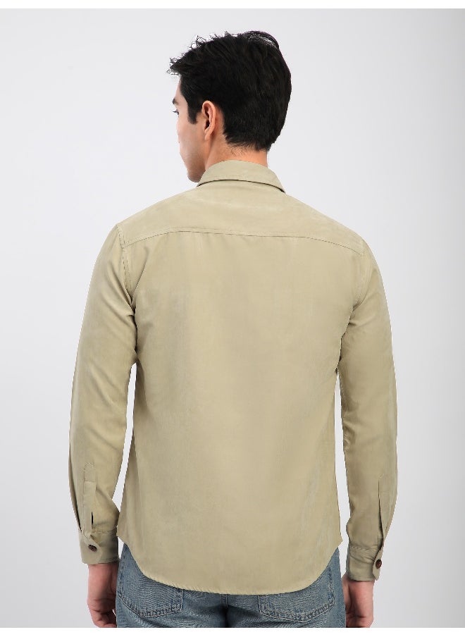 Beyoung Beige Panel Suede Shirt  - Image 2