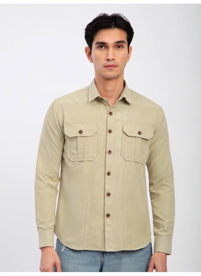 Beyoung Beige Panel Suede Shirt  - Image 5